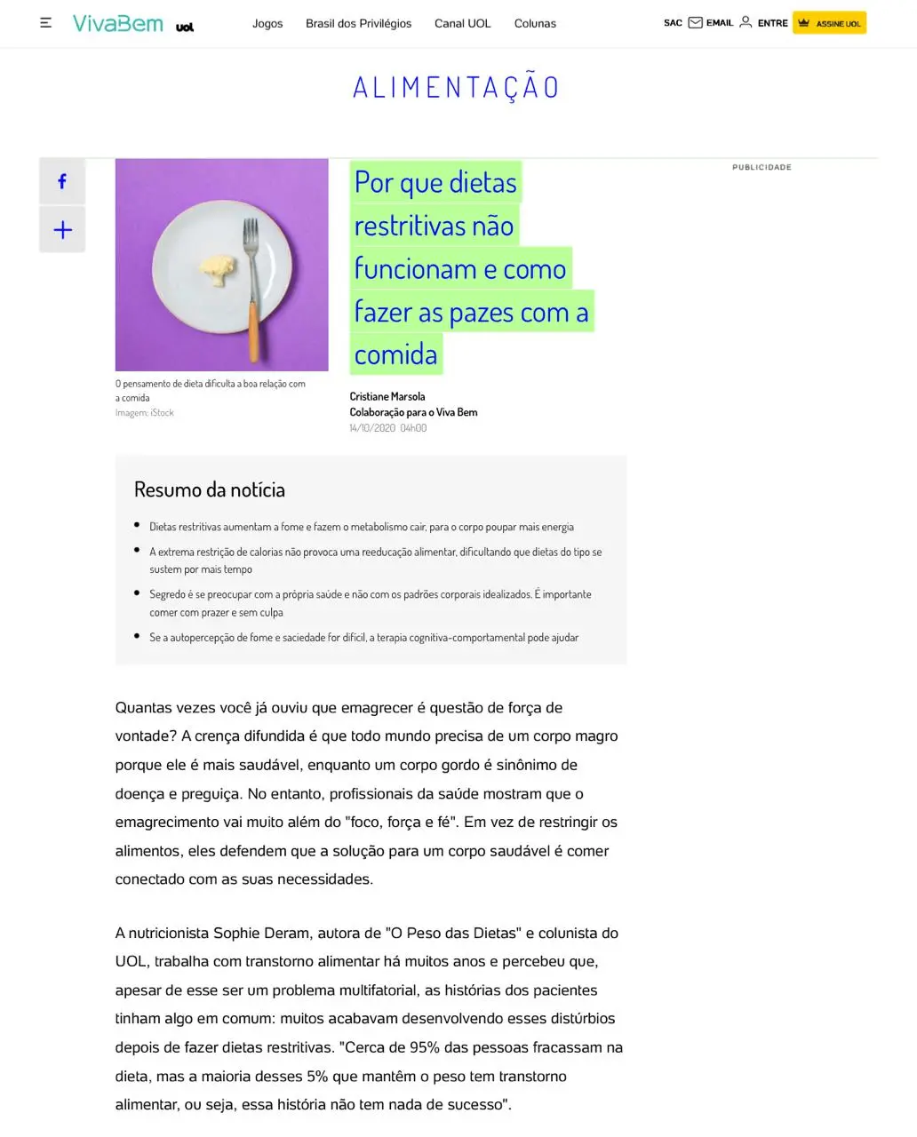 Artigo sobre prazer e consistência no emagrecimento